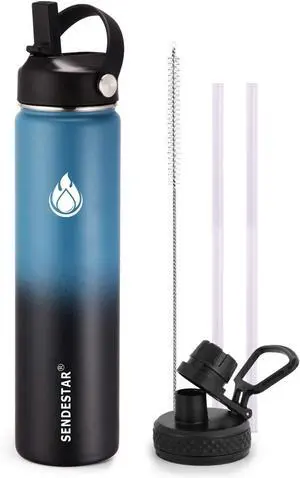 SENDESTAR Water Bottle 24oz Double Wall Vacuum Insulated Leak Proof Stainless Steel Sports Water BottleWide Mouth with New Flex Straw Lid & Spout Lid (Deep Blue&Black)