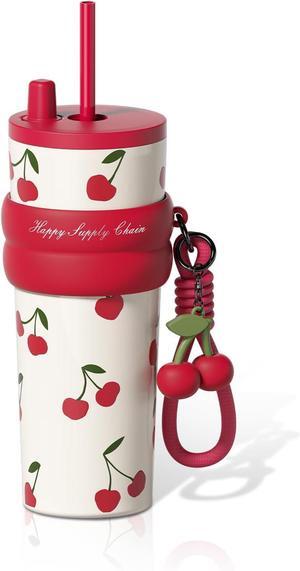 24 OZ Stainless Steel Tumbler with Lid and Straw, Insulated Water Bottle Leak Proof for Hot and Cold, Portable Iced Travel Coffee Mug, Reusable Thermal Coffee Cup For Women Women, Cherry