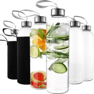 24oz Glass Water Bottles  Pack of 6 - Nylon Protective Sleeves, Airtight Screw Top Lids, Portable Carrying Loops - Lead, PVC and BPA Free - Water, Smoothie, Juicer, and Beverage Glasses