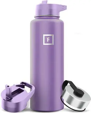 IRON °FLASK Camping & Hiking Hydration Flask with 3 Lids - Stainless Steel, Double Walled & Vacuum Insulated Water Bottle - Leak Proof & BPA Free (Lavender, Straw - 40 oz)