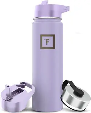 IRON °FLASK Camping & Hiking Hydration Flask with 3 Lids - Stainless Steel, Double Walled & Vacuum Insulated Water Bottle - Leak Proof & BPA Free (Lavender, Straw - 22 oz)