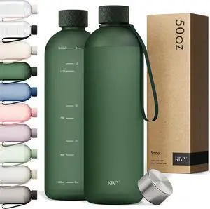 KIVY Large Water Bottle 50oz [Lightweight & Shatterproof] Fits Backpack & Cupholder for Travel, Sports, School - Extra large water bottle no straw - 1.5 Liter water bottles - 50oz Water bottle Green