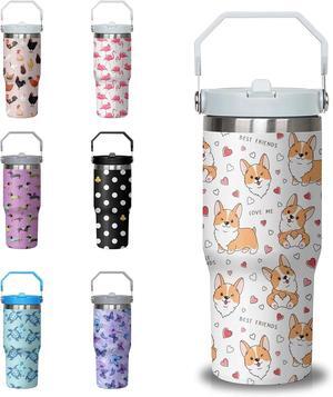 30 oz Corgi Coffee Tumbler with Handle and Straw, Dog Lovers Stainless Steel Insulated Cup with Flip Straw,Travel Coffee Mug Water Bottle,Christmas Birthday Mothers Day Gifts for Women Animal Lovers