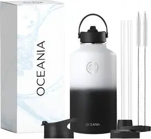 Oceania Flask 64oz Stainless Steel Water Bottles | Modern, Leakproof, Hydro BPA-Free, Insulated Water Bottle with 3 Lids, 3 Straws & 2 Straw Cleaning Brushes | Simple Camping & Hiking Water Bottles