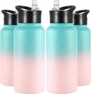 VEGOND 32 oz Insulated Water Bottle Bulk Stainless Steel Metal Water Bottles with Leak Proof Straw Lid & Spout Lid, Wide Mouth Double Walled Vacuum Travel Sports Bottle, 4 Pack
