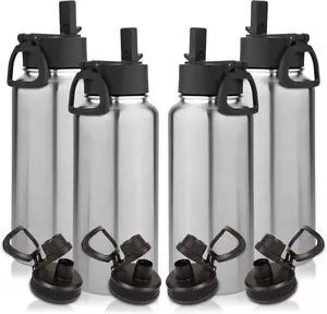 Volhoply 32 oz Water Bottles Bulk 4 Pack with Straw Lid & Spout Lid,Insulated Sports Water Bottle,Double Wall Vacuum Stainless Steel Thermos,Leakproof Wide Mouth Metal Flask for Travel(Silver,4)