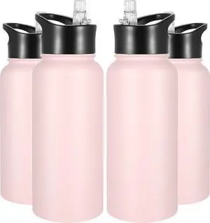 VEGOND 32 oz Insulated Water Bottle Bulk Stainless Steel Metal Water Bottles with Leak Proof Straw Lid & Spout Lid, Wide Mouth Double Walled Vacuum Travel Sports Bottle, 4 Pack