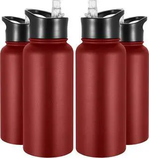 VEGOND 32 oz Insulated Water Bottle Bulk Stainless Steel Metal Water Bottles with Leak Proof Straw Lid & Spout Lid, Wide Mouth Double Walled Vacuum Travel Sports Bottle, 4 Pack