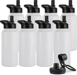 DOMICARE 32 oz Insulated Water Bottle Bulk, Vacuum Insulated Stainless Steel Sports Water Bottle with Straw Lid & Spout Lid, Leakproof, Reusable - Travel, Camping, Bike, White (8 Pack)