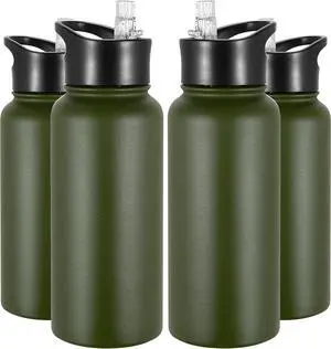 VEGOND 32 oz Insulated Water Bottle Bulk Stainless Steel Metal Water Bottles with Leak Proof Straw Lid & Spout Lid, Wide Mouth Double Walled Vacuum Travel Sports Bottle, 4 Pack