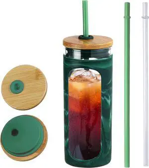 Kodrine 20oz Glass Water Bottle with Straw and Lid,Bamboo Lids Water Tumbler, Iced Coffee Cup Reusable, Wide Mouth Smoothies Cup, Straw Silicone Protective Sleeve BPA FREE-Green