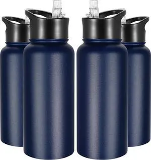 VEGOND 32 oz Insulated Water Bottle Bulk Stainless Steel Metal Water Bottles with Leak Proof Straw Lid & Spout Lid, Wide Mouth Double Walled Vacuum Travel Sports Bottle, 4 Pack