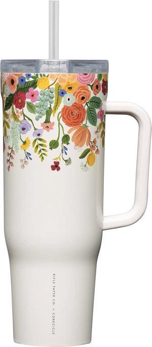 Corkcicle x Rifle Paper Co. Cruiser Insulated Tumbler with Handle and Straw, Garden Party Cream, 40 oz  Reusable Water Bottle Keeps Beverages Cold 20hrs, Hot 9hrs  Cupholder Friendly, Spill Proof