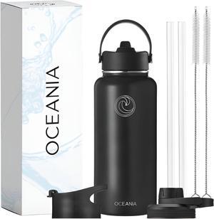 Oceania Flask 32oz Stainless Steel Water Bottles | Modern, Leakproof, Hydro BPA-Free, Insulated Water Bottle with 3 Lids, 3 Straws & 2 Straw Cleaning Brushes | Simple Camping & Hiking Water Bottles