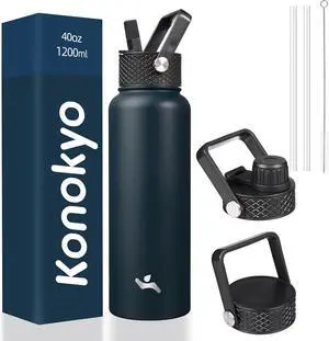 40oz Insulated Water Bottle Stainless Steel Sport Bottles with 3 Lids,Navy Blue