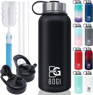 BOGI Insulated Water Bottle 32 oz, Double Wall Vacuum Stainless Steel Water Bottle with Straw and 3 Lids, Sweat-Proof Wide Mouth Metal Water Bottle Keeps Hot or Cold for Sports Gym Office (Black)