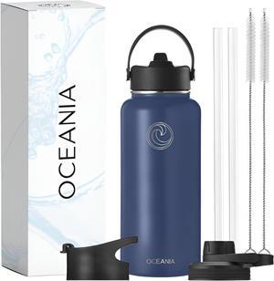 Oceania Flask 32oz Stainless Steel Water Bottles | Modern, Leakproof, Hydro BPA-Free, Insulated Water Bottle with 3 Lids, 3 Straws & 2 Straw Cleaning Brushes | Simple Camping & Hiking Water Bottles