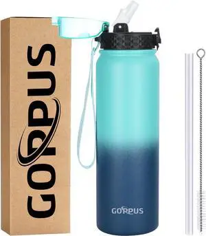 GOPPUS 32 oz Sports Water Bottle 1 Liter Double Wall Insulated Stainless Steel Water Bottles with Straw Lid Reusable Leak proof Metal water bottles with Strap Handle(Blue Navy 1 lid)