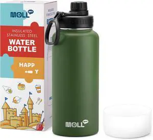 Insulated Water Bottle - 32 oz Stainless Steel Vacuum Wide Mouth Sports Flask With Silicone Boot - Reusable Metal Travel Bottle With Spout Lid (Grass Green)