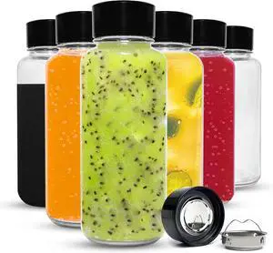 purifyou 32oz Clear Glass Water Bottles for Fridge Set of 6 - Reusable Juicing Bottles with Lids and Neoprene Sleeves for Water, Milk, Juice, Smoothies, Tea - Stainless Steel Leak-Proof Wide Mouth