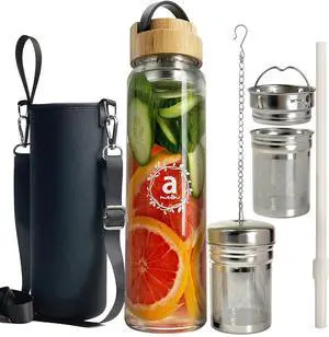 32oz Borosilicate Glass Water Bottle with Bamboo Lid and 2 Tea Infuser Sets for Fruit Infused Water and Cold Brew Coffee - Glass Tea Infuser Bottle with Strainer for Loose Leaf Tea