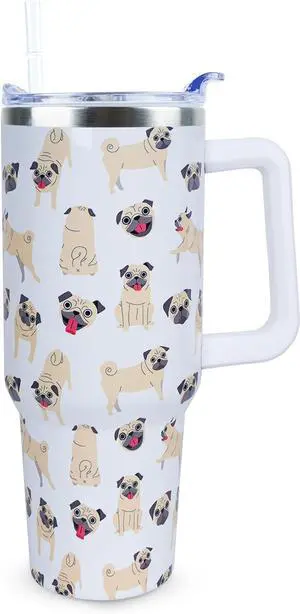 40 oz Cute Pug Tumbler with Handle and Straw, Stainless Steel Insulated Cup with Lid and Straw, Travel Mug Water Bottle, Gifts for Women