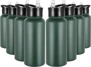 32 oz Insulated Water Bottle Bulk 8 Pack, Stainless Steel Sports Water Bottles with Straw Lid & Wide Mouth Lids, Double Walled Vacuum, Leak Proof, Dark Green