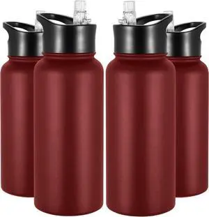 32 oz Insulated Water Bottle Bulk 4 Pack, Stainless Steel Sports Water Bottles with Straw Lid & Wide Mouth Lids, Double Walled Vacuum, Leak Proof, Red