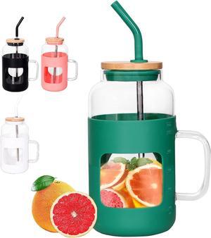 50OZ Glass Tumbler with Bamboo Lid and Straw, Glass Water Bottles with Silicone Sleeve, Iced Coffee Cup with Handle, Drinking Glasses for Boba Cup,Smoothie Cup - Green