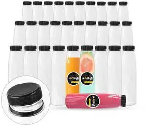 Holotap 30 Pack Empty PET Plastic Juice Bottles 14 OZ Clear Disposable Bulk Drink Bottles with Black Tamper Evident Caps Lids (14 OZ, Black)