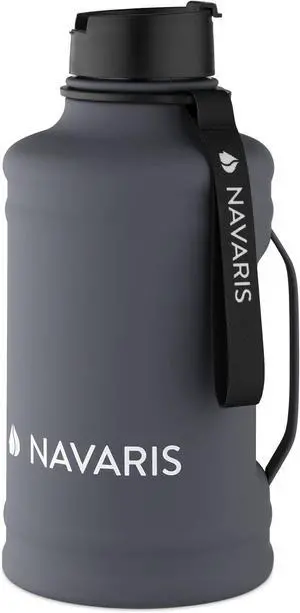 Navaris Half Gallon Water Bottle with Handle - Single-Walled 74 oz (2.2L) Stainless Steel Water Jug - Large Reusable Metal Drinking Bottle for Sports