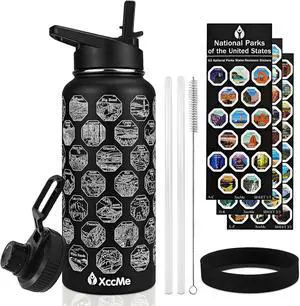 National Parks Water Bottle with Stickers,32 oz Stainless Steel Insulated Water Bottle with Straw,2 Lids,Leak Proof Metal Water Bottle for Hiking,Travel,Sports,Camping,Wide Mouth Bottle