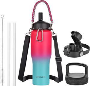 32 oz Insulated Water Bottle with Paracord Handles &Strap, Double Wall Metal Stainless Steel Tumbler Travel Flask with Straw Lid and Spout Lid, Fits in Any Car Cup Holders Keep Cold Hot 24 Hrs