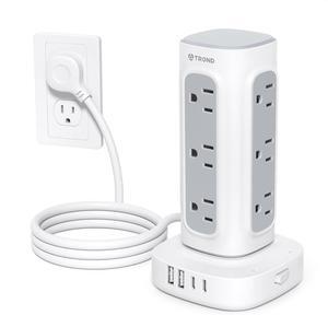 TROND Surge Protector Power Strip Tower - 6ft Flat Plug Extension Cord with Multiple Outlets, 4 USB Ports, Vertical Charging Station, 1700 J, Home Office Desk Supplies, Dorm Room Essentials, White