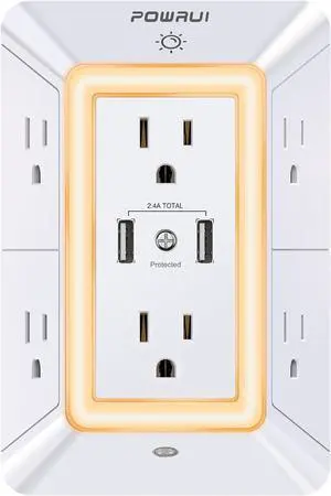 USB Wall Charger, Surge Protector, POWRUI 6-Outlet Extender with 2 USB Charging Ports (2.4A Total) and Night Light, 3-Sided Power Strip with Adapter Spaced Outlets - WhiteETL Listed