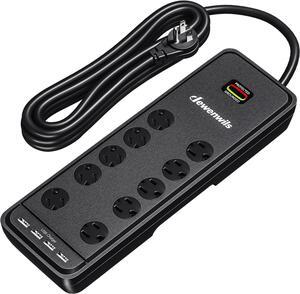 DEWENWILS 10-Outlet Surge Protector Power Strip with 4 USB Ports, 15 FT Long Extension Cord, Right Angle Flat Plug, 2480J Surge Rating 15AMP Circuit Breaker, Wall Mountable, UL Listed