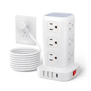 Surge Protector Power Strip 10 FT Cord, Power Strip Tower with 4 USB Ports (1USB C), Extension Cord with 12 AC Multiple Outlets, Home Office Supplies Desk Accessories, Dorm Room Essentials