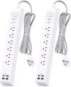 2 Pack Power Strip Surge Protector - 6 Outlets 4 USB Charging Ports, 5Ft Braided Extension Cord, Flat Plug, Overload Protection, Wall Mount for Home Office, Dorm Room Essentials White