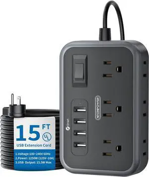 Flat Plug Extension Cord 15 Ft, NTONPOWER 6 Widely Spaced Outlet(2 Side) Power Strip with 4 USB Ports, Wall Mount Charging Station, Overload Protection for Home Office, Dorm Room and Nightstand-Black