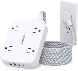Surge Protector Power Strip with 2 USB C - 5 Ft Flat Extension Cord Flat Plug Power Strip, 4 Widely Outlets and 4 USB Charging Ports, Outlet Extender, 900 Joules, for Home Office Dorm Room Essentials