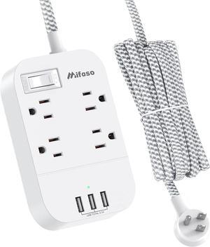 Power Strip Long Extension Cord - 10Ft Braided Extension Cord with Flat Plug, 4 Outlets and 3 USB Charging Ports, Overload Protection and Wall Mount for Home, Office