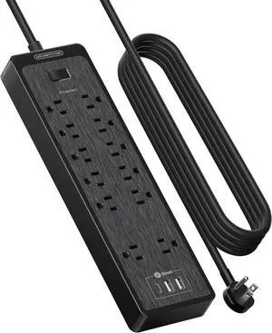 NTONPOWER 15 ft Extension Cord, Flat Plug Surge Protector Power Strip with USB, 12 Outlets Surge Protector Wall Mount, 2100 Joules, 1875W, 15A Circuit Breaker for Home Office Dorm Essentials, Black