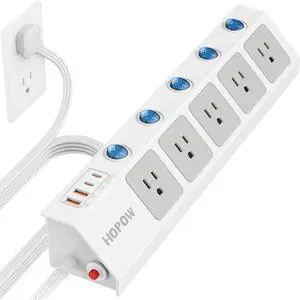 Flat Plug Power Strip with Individual Switches, 10 Ft Ultra Thin Flat Extension Cord, 5-Outlet Surge Protector with 2 USB-C (20W PD) & 2 USB-A, 1700 Joules, Wall Mount for Home Office, White