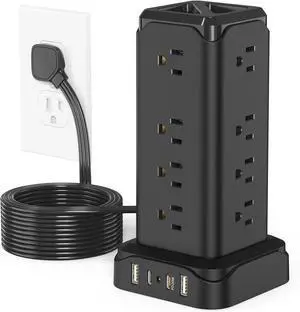 Power Strips with Surge Protection, PASSUS 6FT Flat Extension Cord with Multiple Outlets, 16AC Outlets Tower with 4 USB Ports(2 USB C) Charging Station Tower for Home Office Dorm