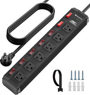 CRST 6 Outlet Metal Power Strip with Individual Switches, Mountable Heavy Duty Power Strip for Garage Workshop, 1200 J Surge Protector Power Strip 15A Circuit Breaker, 6FT Extension Cord 15A/1875W