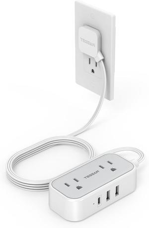Small Flat Plug Power Strip for Cruise Ship, TESSAN Ultra Thin Extension Cord with 3 USB (1 USB C) and 2 Outlets Mini Charging Station, 5 ft Slim Plug for Travel Office School Dorm Room Essentials