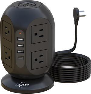 Surge Protector Power Strip Tower with 8 Outlets 4 USB Ports(1 USB C), Aioy 10 FT Flat Plug Long Extension Cord with Multiple Qutlets for Office Supplies Desk Accessories, Black