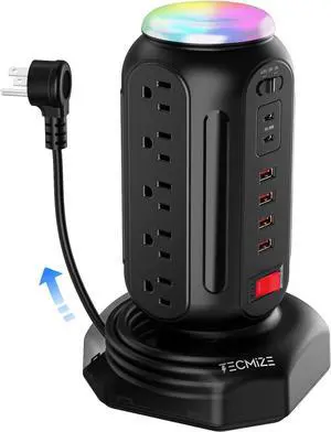Multiple Plug PD 30W Fast Charging Power Strip, with Surge Protector, RGB Night Light, 15 Outlets Power Tower, 2 Type C and 4 USB Ports, Space Saving, Retractable Extension Cord 6.5ft for Home (Black)