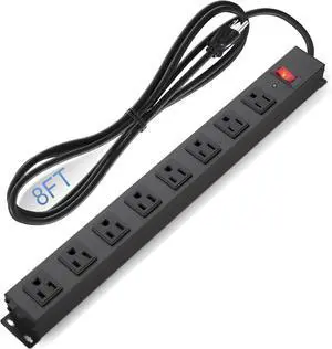8 Outlet Power Strip Surge Protector, 8 Feet Metal Power Strip Heavy Duty with Switch for Home Office School Shop Garage, Wall Mount with Screw, 2100J 15A 125V 1875W, 14AWG, SGS Listed, Black