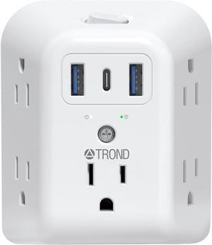 TROND 2 Prong Power Strip USB, 2 to 3 Prong Outlet Adapter, 5 Outlet Splitter with 3 USB Ports(1 USB-C), Wall Mount 1440J Surge Protector with ON/Off, Polarized Plug, for Non-Grounded Plug Old House